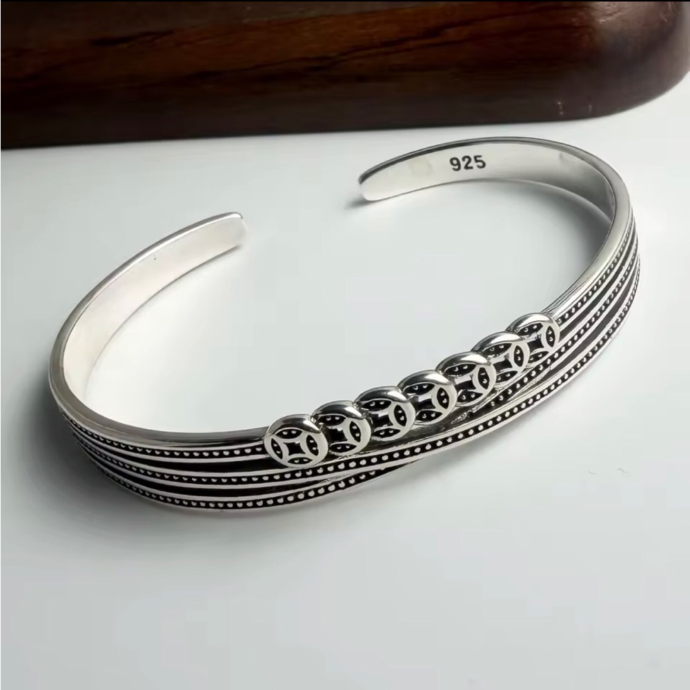 Sterling Silver 925 Cuff Bracelet with Decorative Discs
